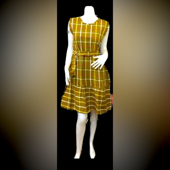 Polished neutral plaid A-line statement dress with a removable self-tie belt. - Picture 11 of 11